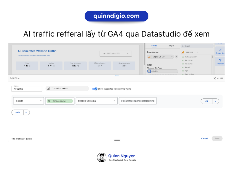 Cách thêm channel "ai traffic" với điều kiện session source khớp regex